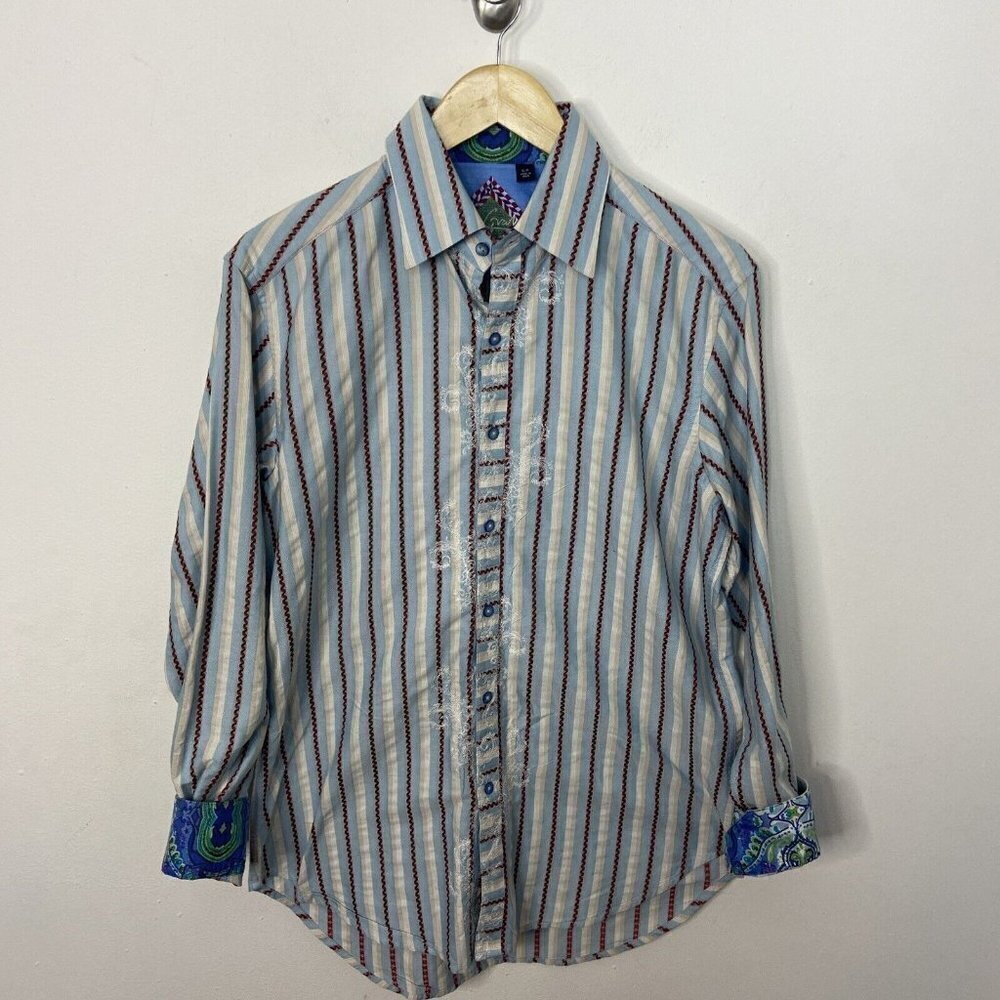 Robert Graham Men S Flip Cuff Embroidered Button Dress‎ Shirt Stripped Blue Red